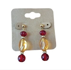 NWOT Red Amber Beaded Drop Earrings Gold Tone Dangle Boho Artisan